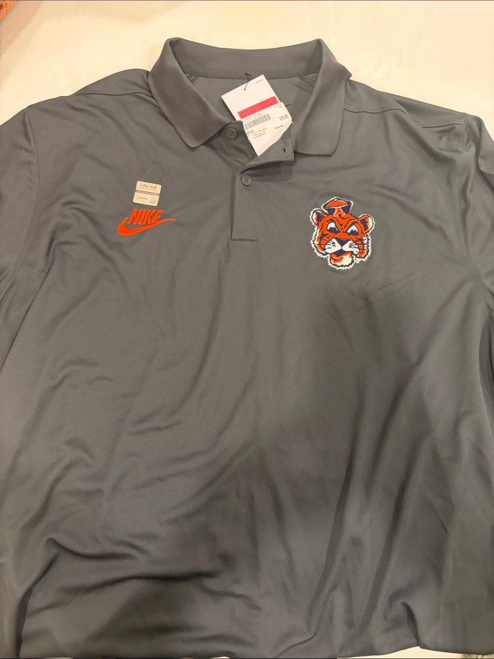 AUBURN Nike Gray Polo with Orange Swoosh and Tiger Patch, Dri-fit, Golf shirt